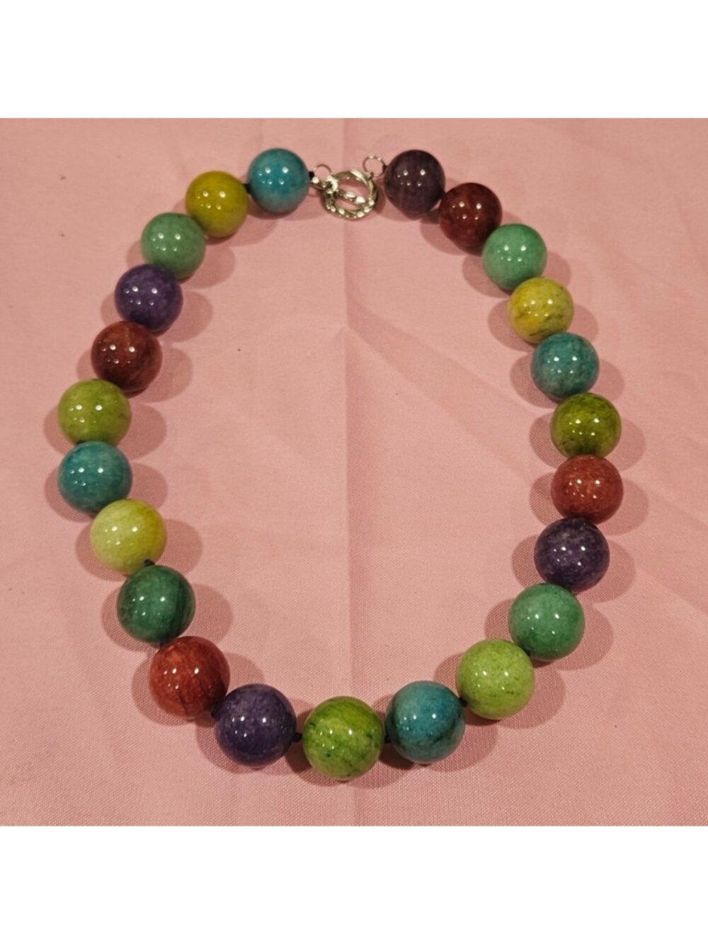 Colorful Beaded Statement Necklace With Rainbow Marble-Style Beads & Toggle Clas - Picture 3 of 3